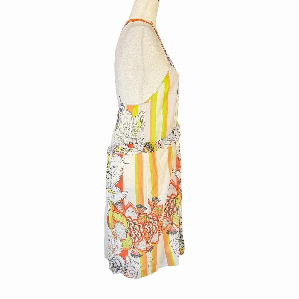 Roberto Cavalli Silk Halter Dress US 6/ 42 Mixed Print Crochet Bib Euro-Summer